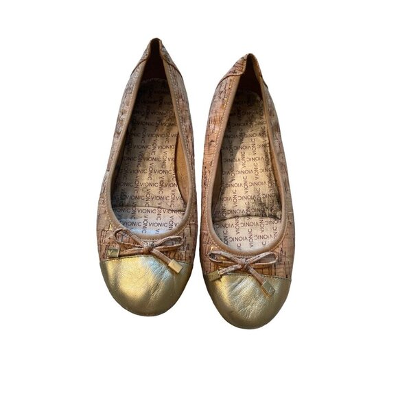 Vionic Women’s Spark Minna Gold Cork Ballet Cap Toe Bow Design Flats Size 8 - Picture 1 of 6
